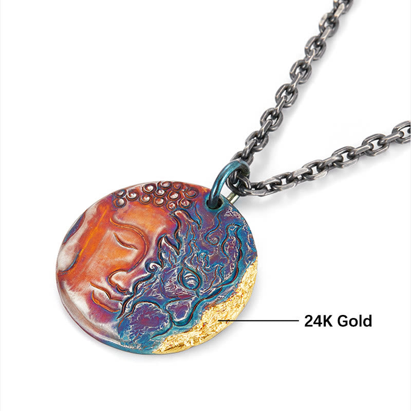 Collier pendentif de compassion moitié démon moitié bouddha en argent sterling 999 et or 24 carats avec Buddha Stones
