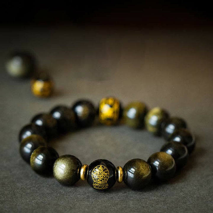 Bracelet de protection de richesse en obsidienne dorée avec Bouddha du zodiaque chinois
