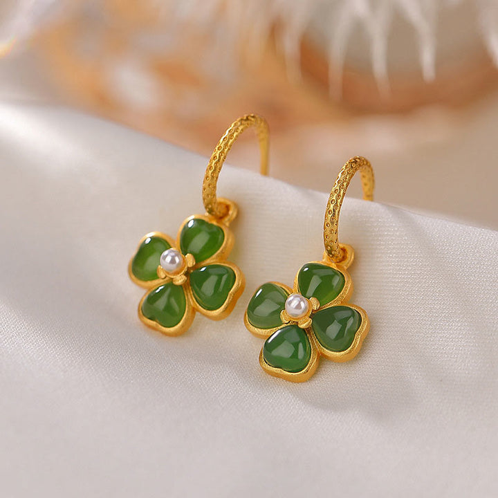 Boucles d'oreilles trèfle à quatre feuilles en argent sterling 925 et jade cyan naturel avec pierres de Buddha Stones