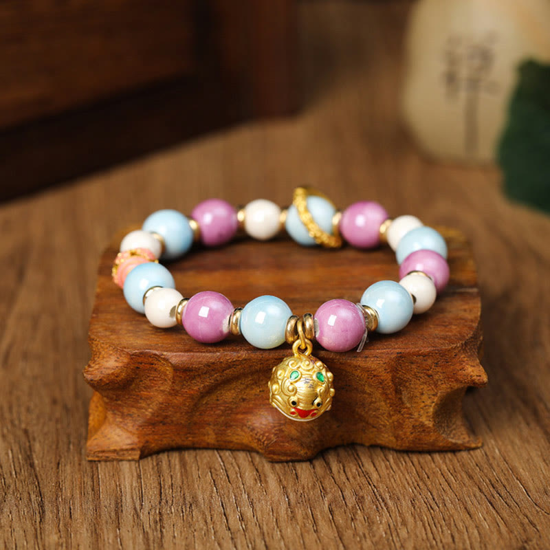 Buddha Stones Tibétain Zakiram Déesse de la Richesse Lapin Tête de Lion Charme Liuli Verre Encens Cendres Perle de Porcelaine Bracelet de Protection