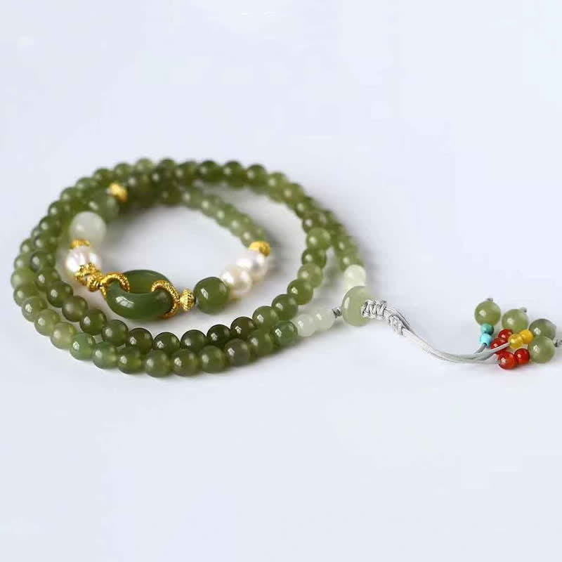 Bracelet en perles de jade Hetian et Buddha Stones avec boucle de paix, porte-bonheur et richesse