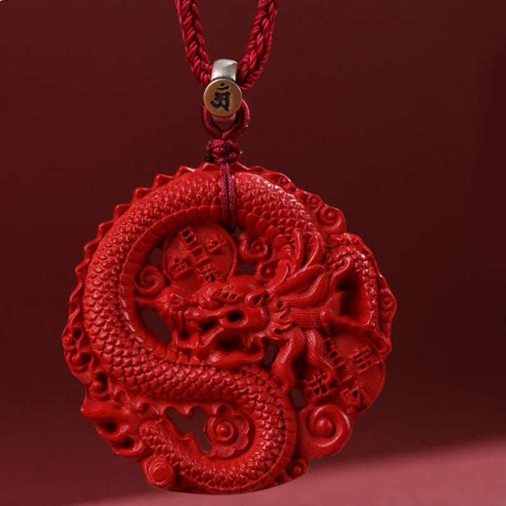 Collier pendentif porte-bonheur en argent sterling 925 avec pièce de cuivre cinabre naturel de l'année du dragon Buddha Stones