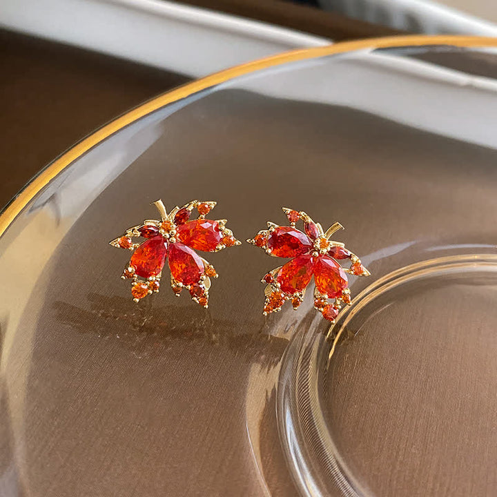 Collier pendentif bague boucles d'oreilles porte-bonheur en zircon et feuille d'érable en Buddha Stones