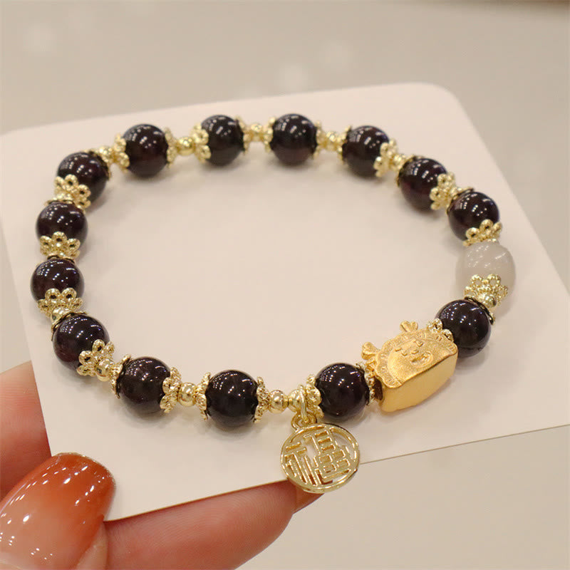 Buddha Stones Année du Dragon Agate Rouge Quartz Fraise Obsidienne Noire Jade Grenat Perle Cinabre Dumpling Dragon Luck Fu Bracelet Caractère