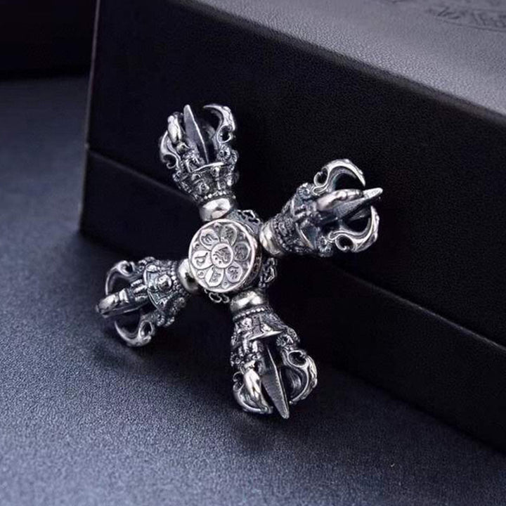 Pendentif de puissance spirituelle gravé double Dorje Vajra en argent sterling 925 tibétain Buddha Stones