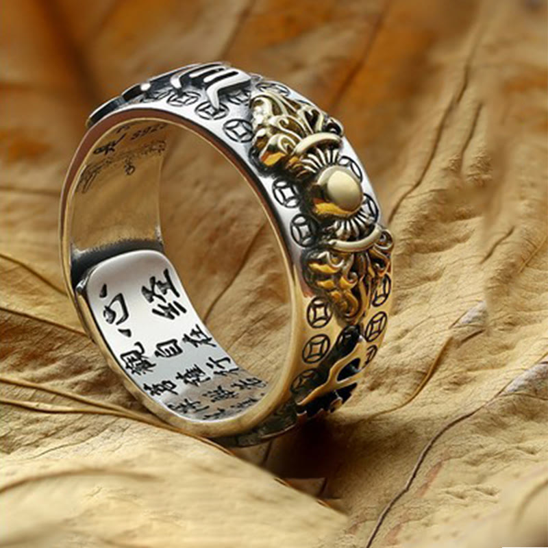 Bague de richesse tibétaine en argent sterling 990 Buddha Stones Om Mani Padme Hum PiXiu Dorje Vajra Heart Sutra gravé