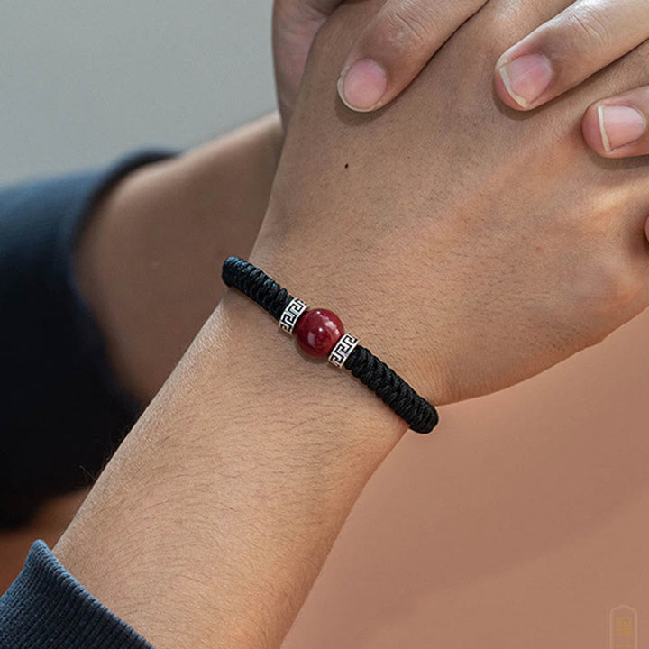 Bracelet en argent sterling 925 avec perles de cinabre naturelles et Buddha Stones, fait à la main, tressé et calme