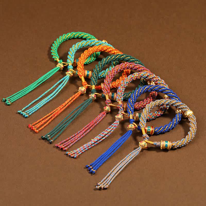 Bracelet tibétain fait main avec breloque en corde tressée et roue de prière Thangka pour protection de la chance