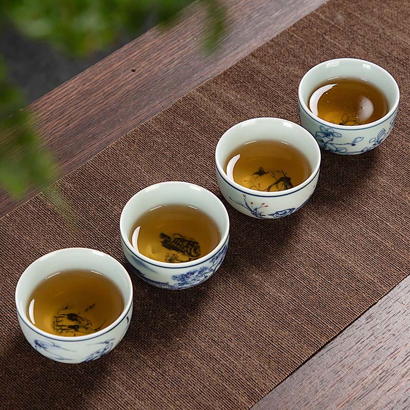 Buddha Stones Paysage bleu Montagnes Lotus Chat mignon Pavillons Magnolia Roseaux Aigrettes Tasse à thé en céramique Petite tasse à thé Kung Fu
