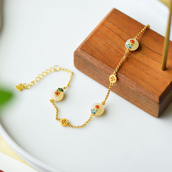 Bracelet porte-bonheur en cuivre et jade blanc avec boucle de paix et Buddha Stones