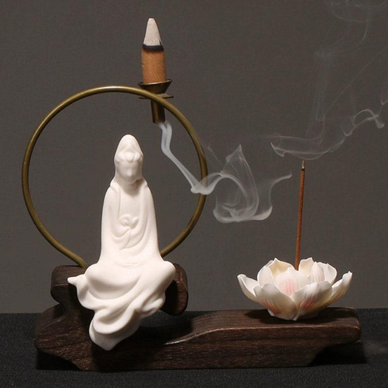 Brûleur d'encens en céramique avec Buddha Stones et lotus pour la guérison et la méditation