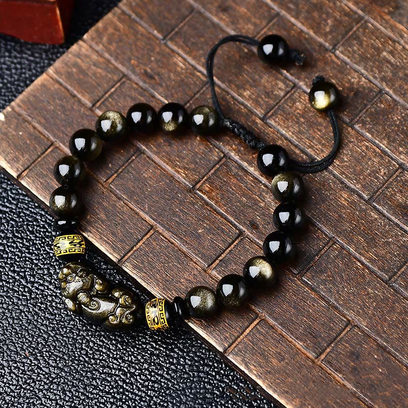 Bracelet tressé en Buddha Stones naturelle dorée et brillante PiXiu Om Mani Padme Hum Wealth