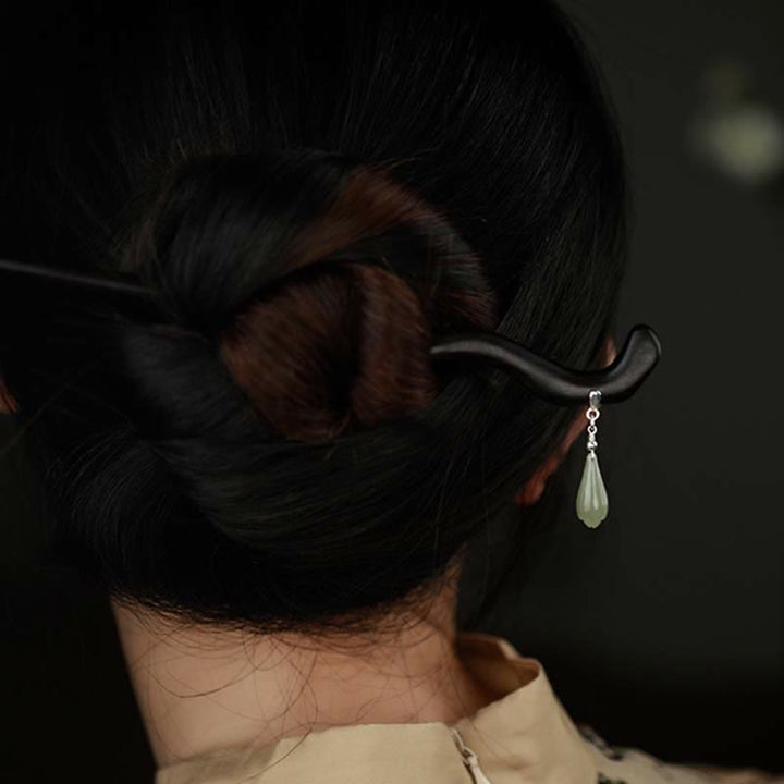 Épingle à cheveux porte-bonheur en bois d'ébène et jade naturel Hetian en argent sterling 925 Buddha Stones