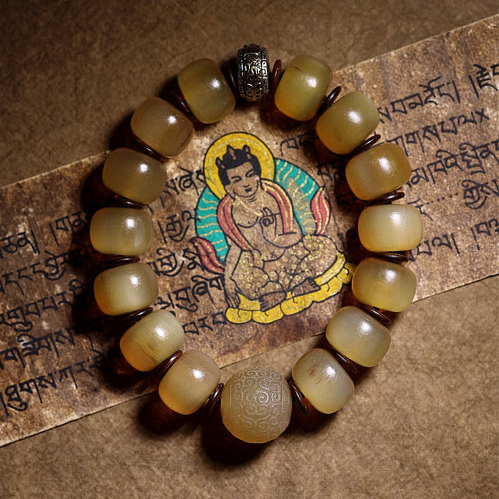 Bracelet de bon augure tibétain en corne de mouton fait main avec Buddha Stones Om Mani Padme Hum