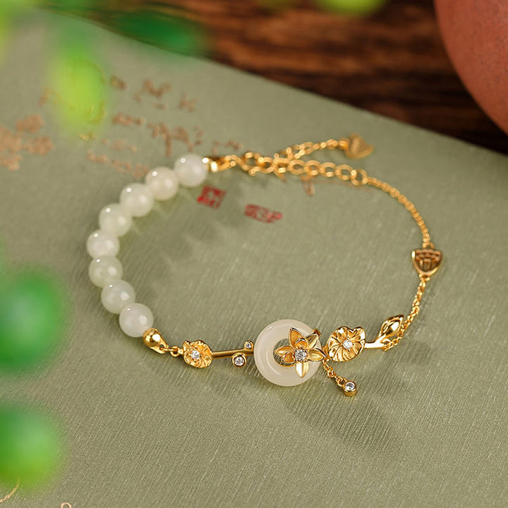 Bracelet chaîne porte-bonheur en argent sterling 925 avec boucle de paix en jade Hetian et Buddha Stones - Argent sterling 925 plaqué or (tour de poignet 14-17 cm) - image 0