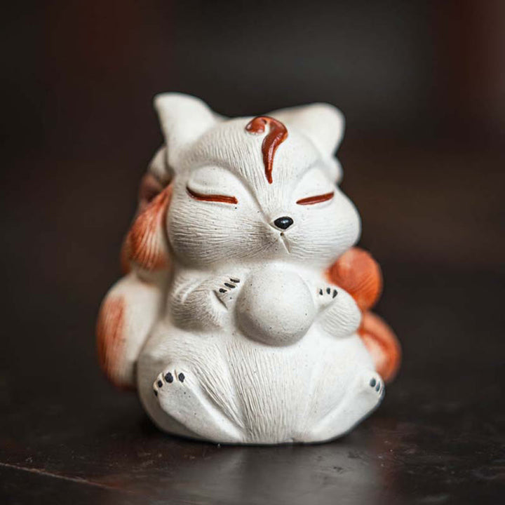 Mini renard à neuf queues en argile violette, décoration de bureau porte-bonheur en Buddha Stones
