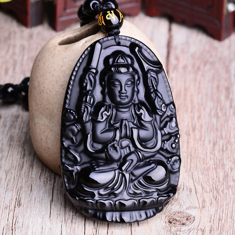 Collier pendentif amulette de protection Bouddha en obsidienne avec Buddha Stones et zodiaque chinois - image 1