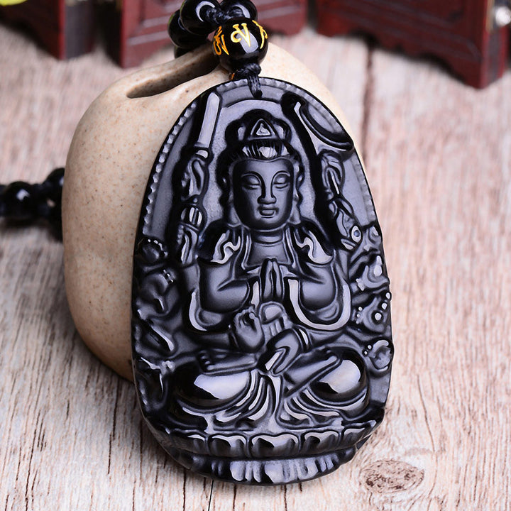Collier pendentif amulette de protection Bouddha en obsidienne avec Buddha Stones et zodiaque chinois - image 1