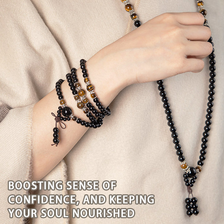 Bracelet Mala 108 perles en obsidienne noire naturelle œil de tigre Buddha Stones