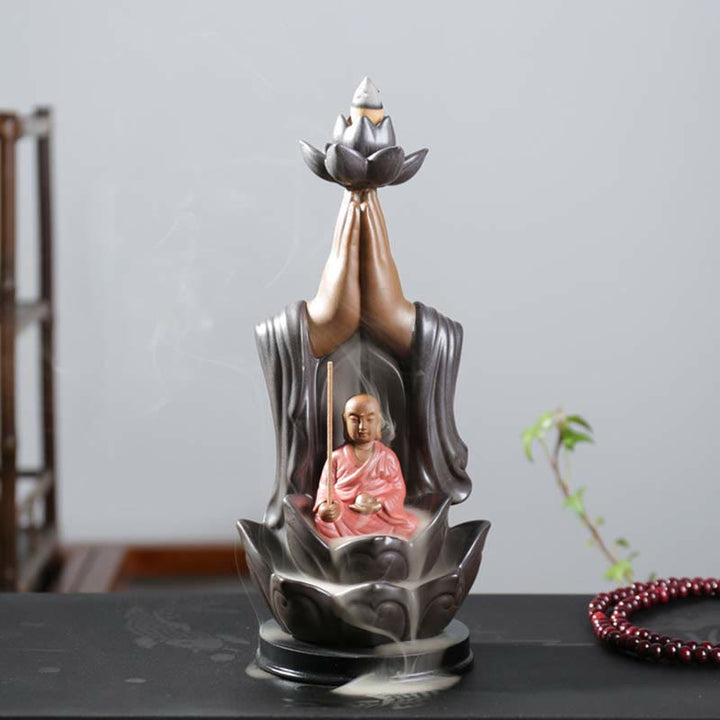 Brûleur d'encens à reflux en céramique Bouddha Avalokitesvara Chenrezig Ksitigarbha avec bénédiction du lotus