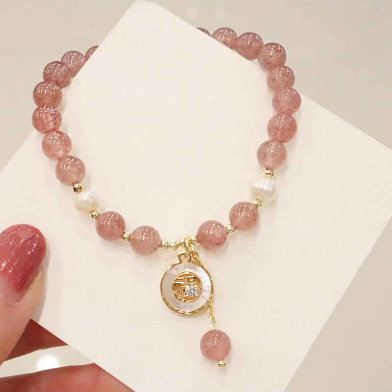 Bracelet de guérison à breloques en forme de queue de poisson avec Buddha Stones de quartz fraise et visage souriant d'élan