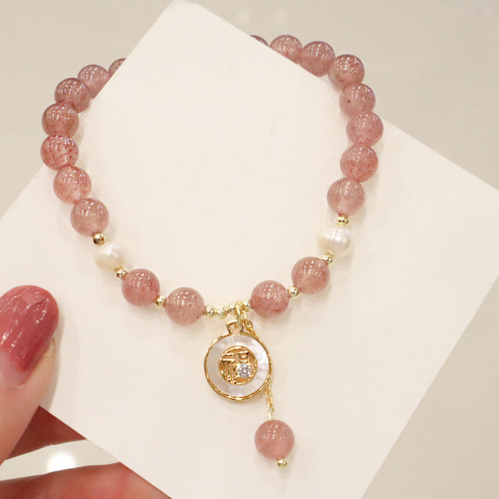 Bracelet de guérison à breloques en forme de queue de poisson avec Buddha Stones de quartz fraise et visage souriant d'élan