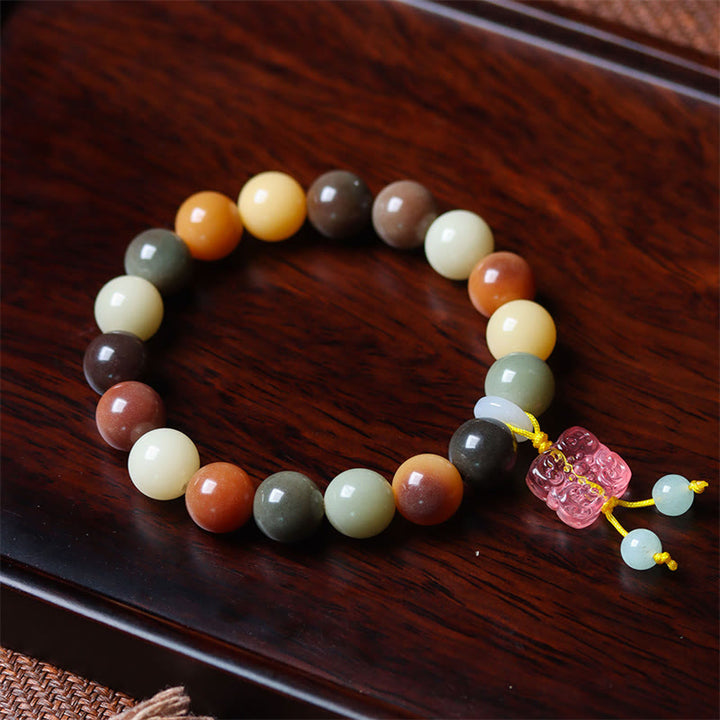 Bracelet de paix en verre Liuli avec perles de Bodhi en dégradé multicolore naturel et Buddha Stones