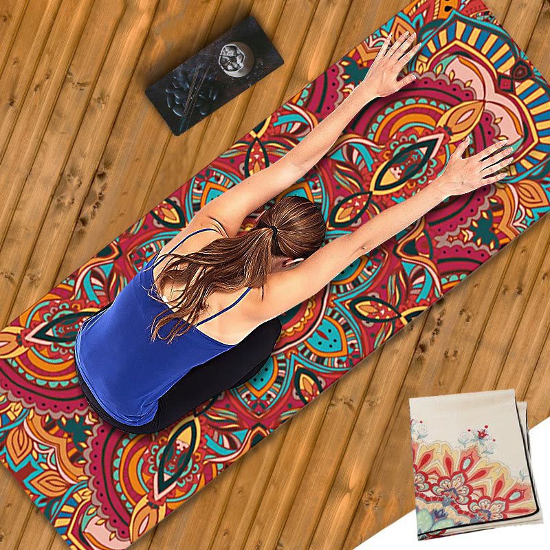 Buddha Stones Tapis de yoga tibétain en caoutchouc naturel, décoré avec un mandala tibétain, un éléphant, un lotus et des carpes koï. - Mandala coloré - image 0