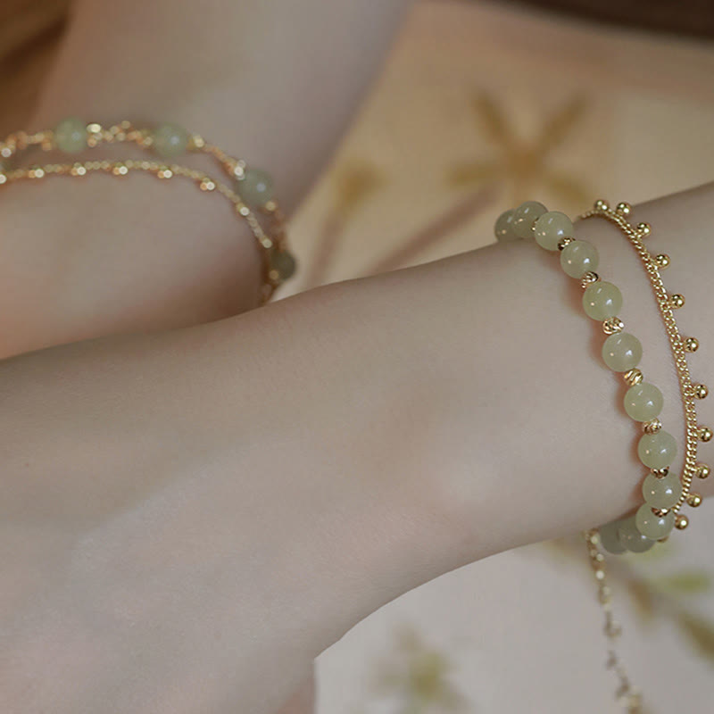 Bracelet de prospérité porte-bonheur en perles de jade Hetian plaqué or 14 carats à 2 couches