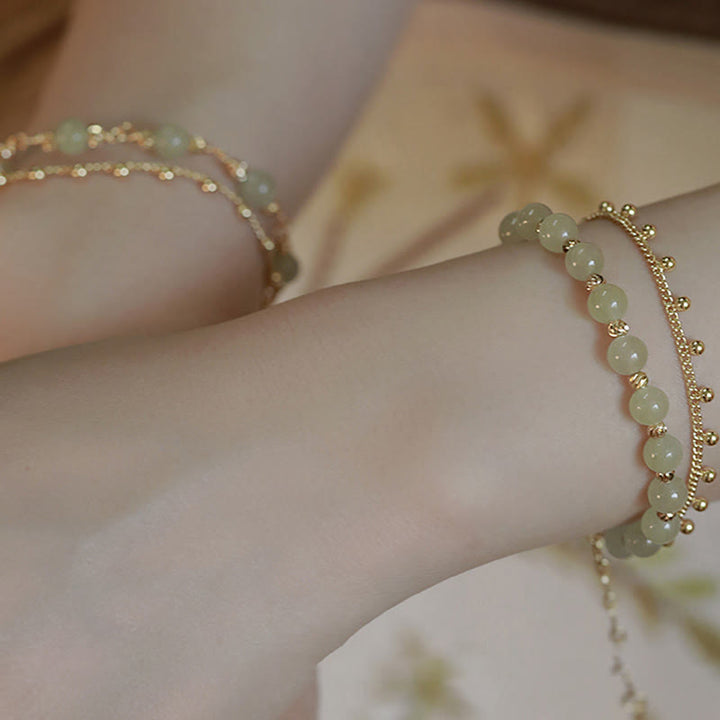 Bracelet de prospérité porte-bonheur en perles de jade Hetian plaqué or 14 carats à 2 couches