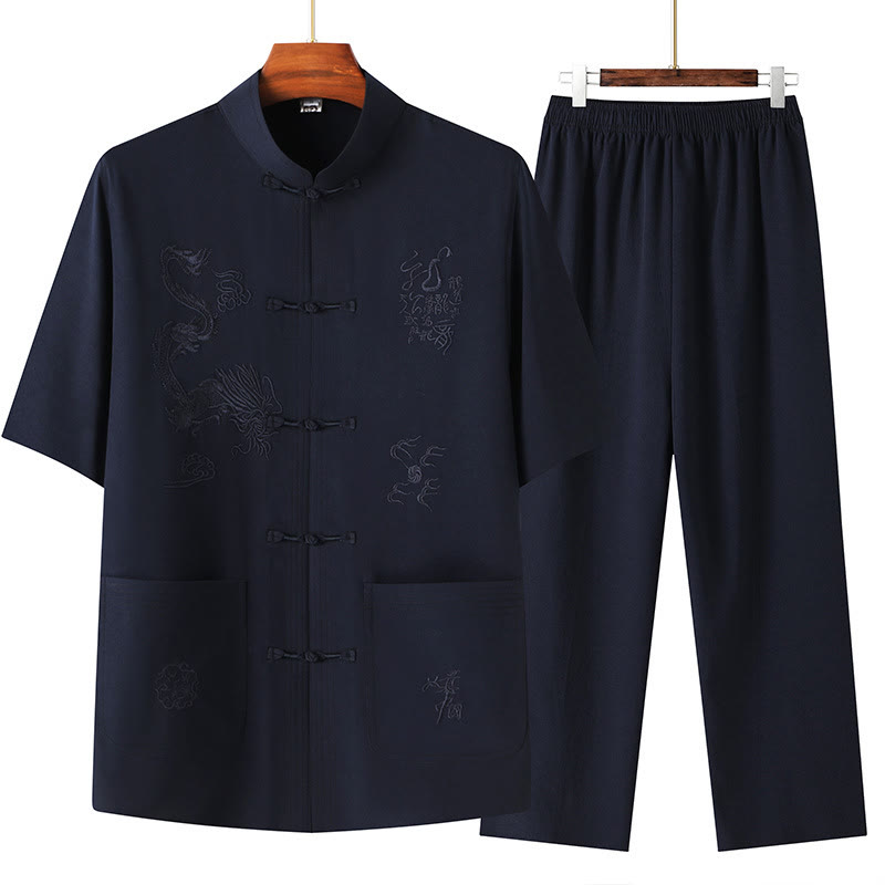 Costume Tang en Buddha Stones Hanfu Dragon chinois Uniforme de Kung Fu traditionnel Haut à manches courtes et pantalon Vêtements Ensemble pour hommes - Bleu marine - US/UK/AU44，EU54 (4XL) - image 0