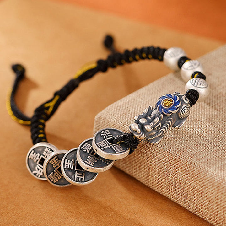 Bracelet tressé en argent sterling 999 Buddha Stones FengShui PiXiu et pièce de cuivre Fu Character Wealth
