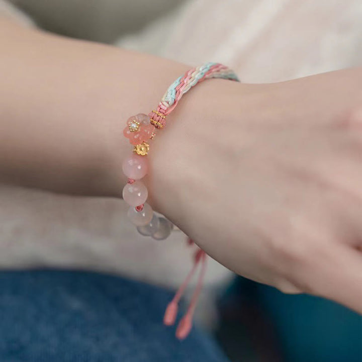 Bracelet en corde fait main avec Buddha Stones en agate naturelle dégradée et nœud de réincarnation en fleur de pêcher