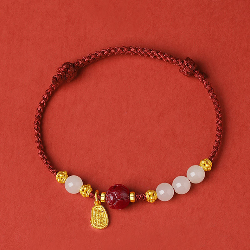 Bracelet en corde porte-bonheur en jade blanc Hetian plaqué or 24 carats avec Buddha Stones et lotus cinabre