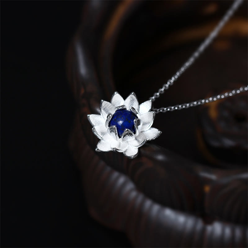 Collier pendentif fleur de lotus en argent sterling 925 avec Buddha Stones et lazurite
