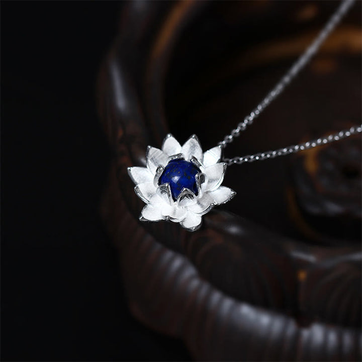 Collier pendentif fleur de lotus en argent sterling 925 avec Buddha Stones et lazurite