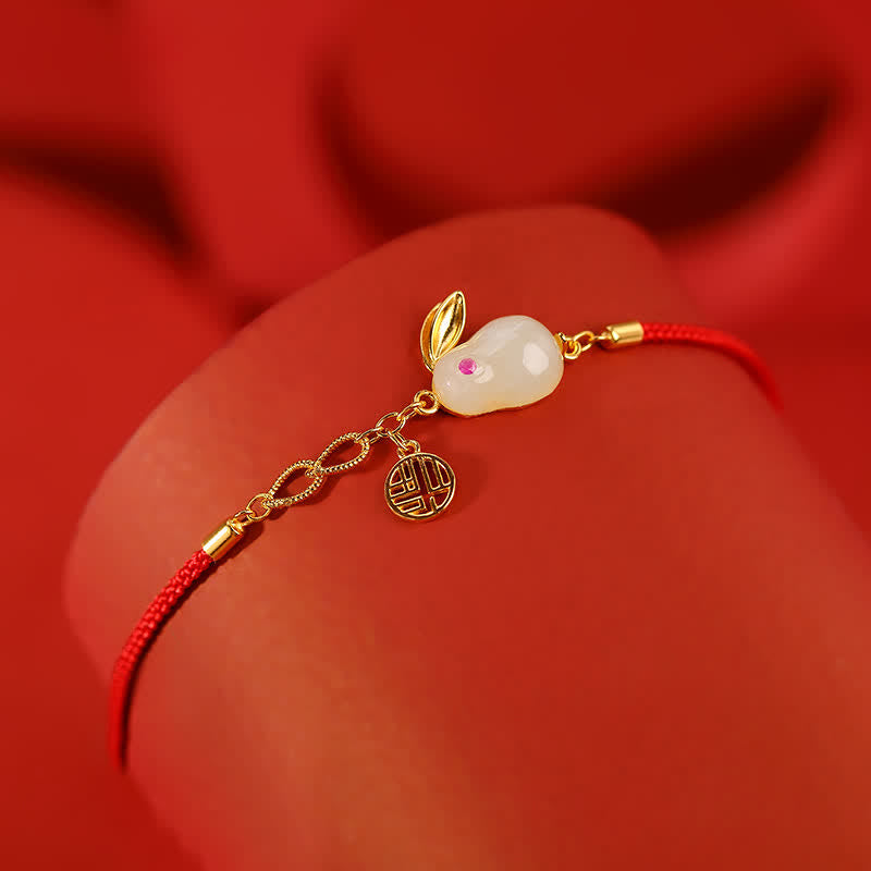 Bracelet en argent sterling 925 avec cordon rouge et jade blanc Hetian de l'année du lapin