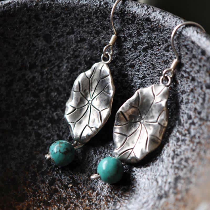 Buddha Stones Boucles d'oreilles pendantes en argent Sterling 925 Turquoise Feuille de Lotus Protection
