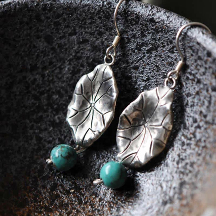 Buddha Stones Boucles d'oreilles pendantes en argent Sterling 925 Turquoise Feuille de Lotus Protection