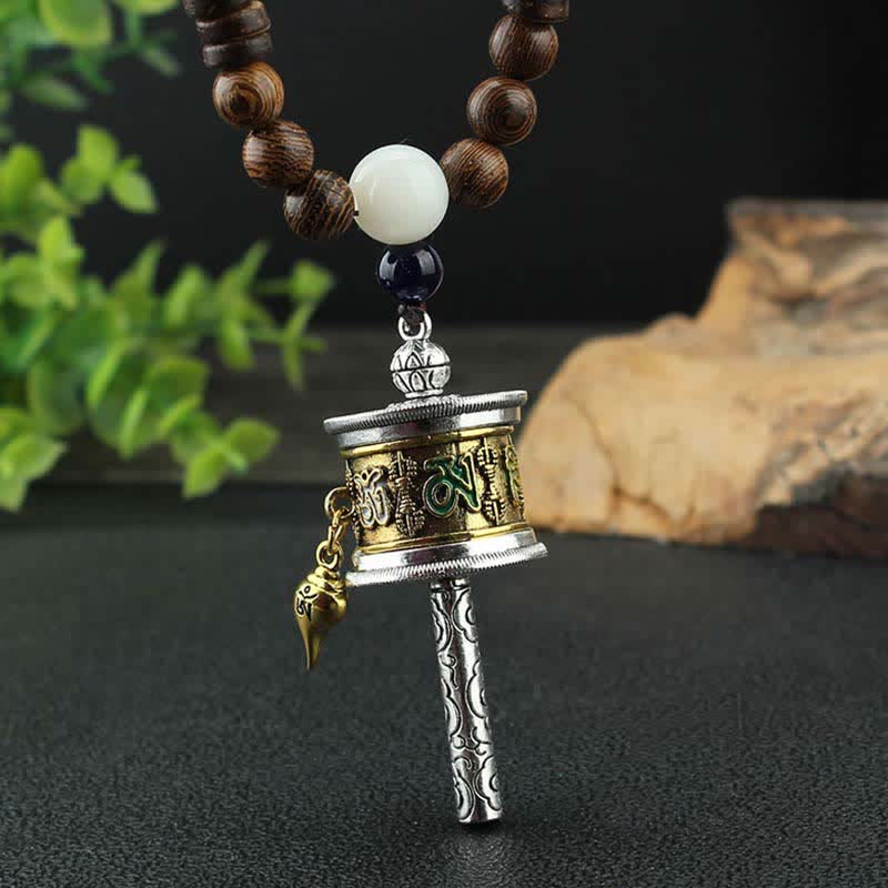 Collier pendentif en bois Vajra Buddha Stones tibétaines Om Mani Padme Hum et rotation de la roue de prière - image 1