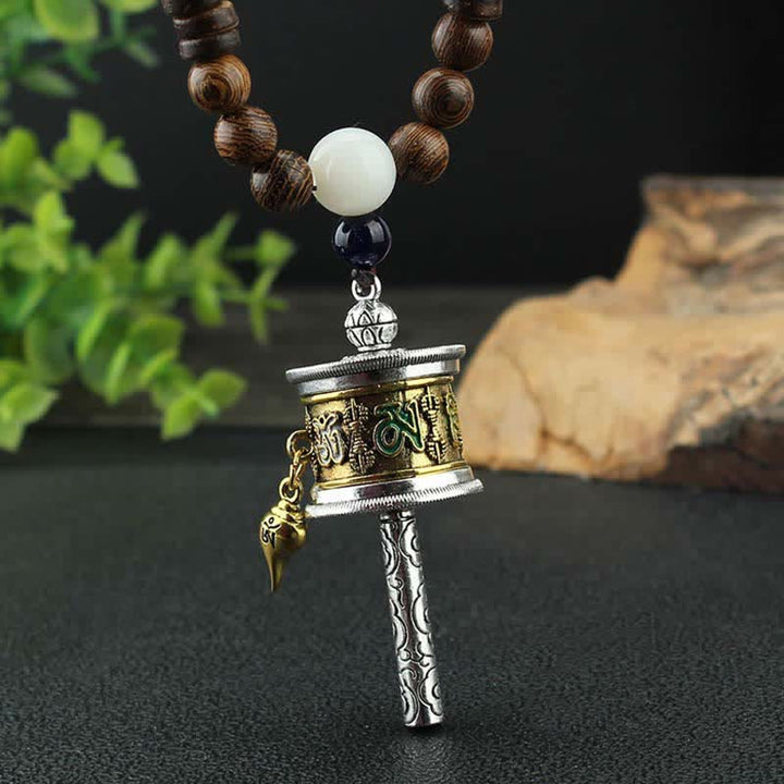 Collier pendentif en bois Vajra Buddha Stones tibétaines Om Mani Padme Hum et rotation de la roue de prière - image 1