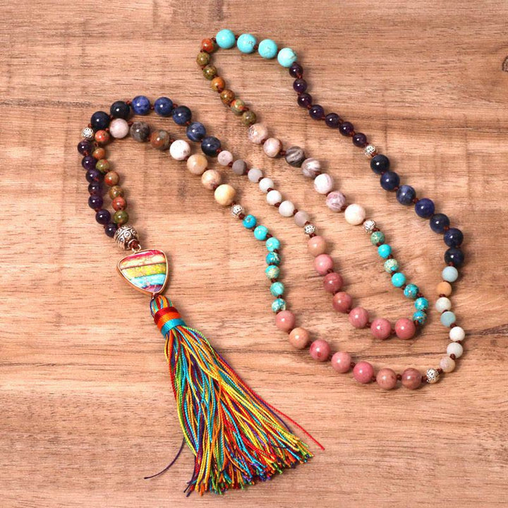 Collier d'équilibre en jaspe zèbre, turquoise, lazurite et tibétain