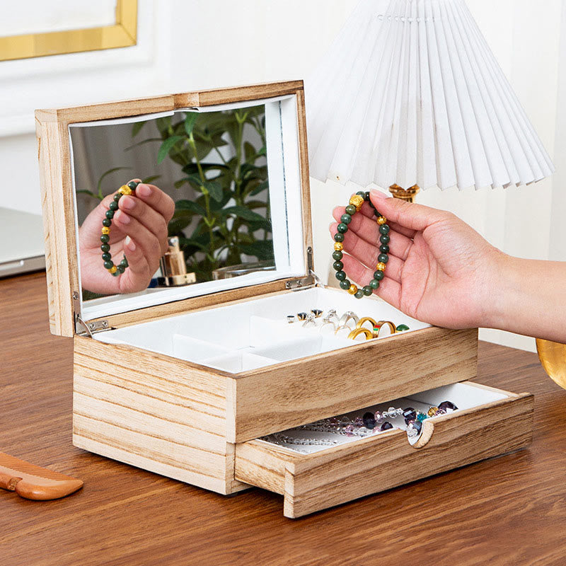 Coffret à bijoux rétro en bois beige Buddha Stones Coffret de rangement à bijoux à deux niveaux avec miroir - image 1