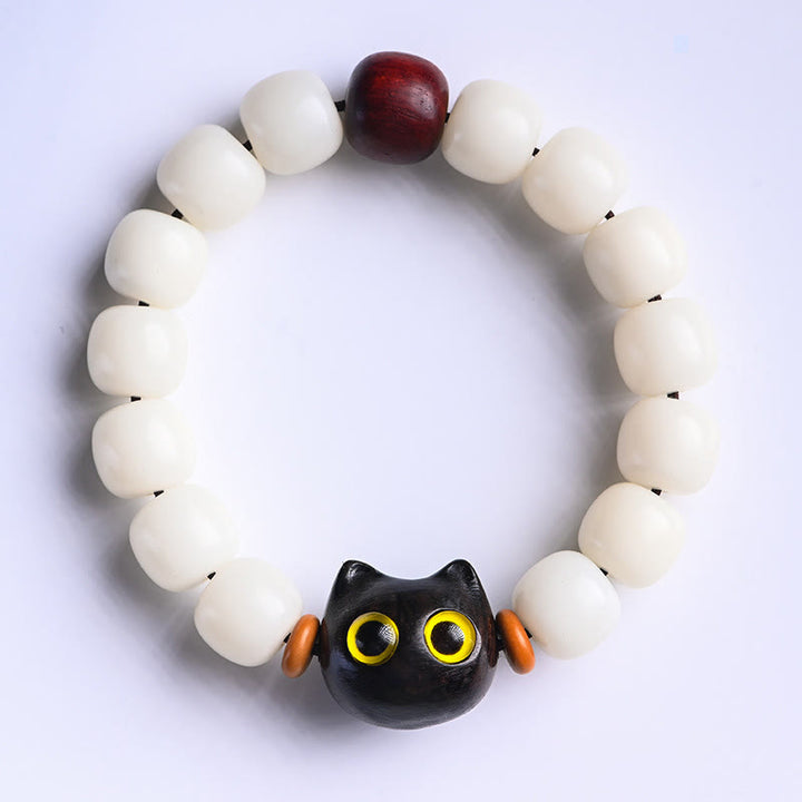 Bracelet de sagesse en Buddha Stones, graine de Bodhi naturelle, petite feuille, bois de santal rouge, bois d'ébène, joli chat porte-bonheur - Chat porte-bonheur en bois d'ébène et graines de Bodhi (tour de poignet 14-16 cm) - image 10