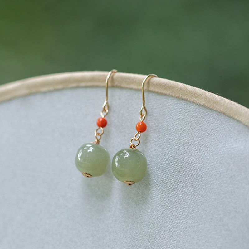 Boucles d'oreilles pendantes porte-bonheur en jade rouge Hetian plaqué or 14 carats et argent sterling 925 avec Buddha Stones - image 9