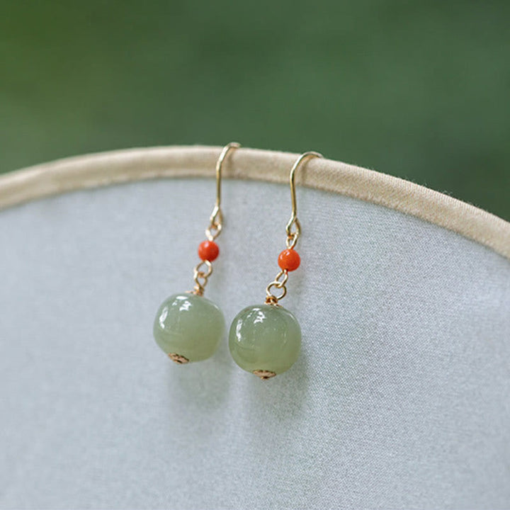 Boucles d'oreilles pendantes porte-bonheur en jade rouge Hetian plaqué or 14 carats et argent sterling 925 avec Buddha Stones - image 9