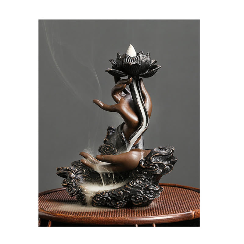 Brûleur d'encens à reflux en résine avec Buddha Stones et main de Bouddha, motif de nuages propices, méditation