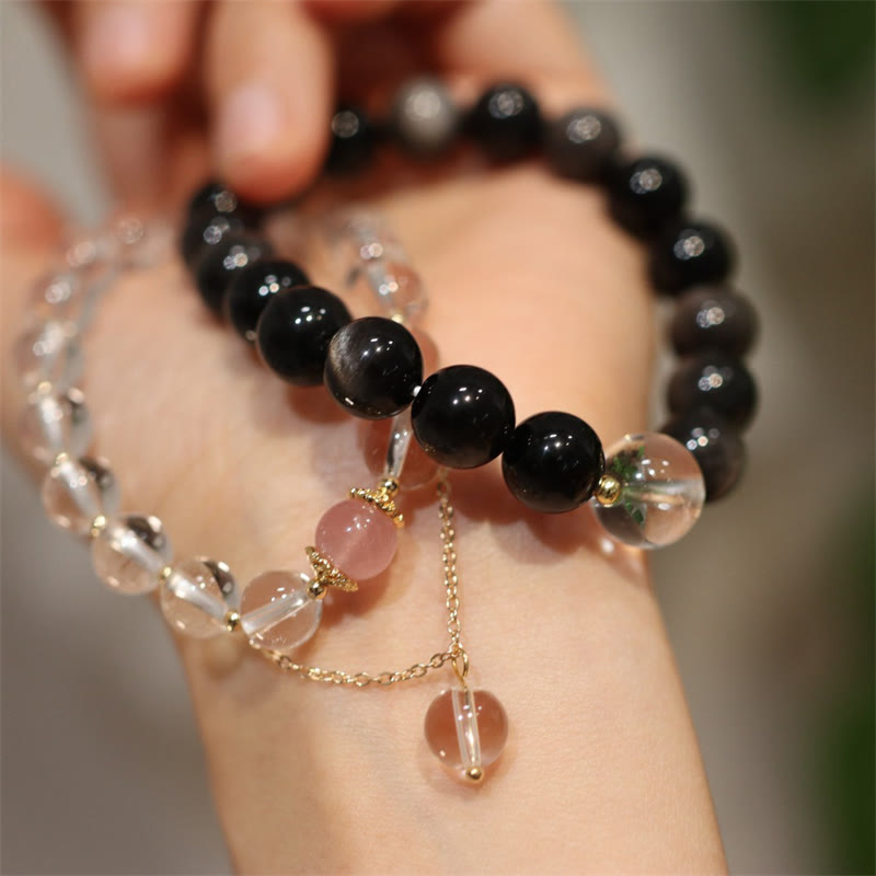 Bracelet de couple en obsidienne argentée naturelle avec cristal rose et cristal blanc, protection couleur Yin Yang - image 0