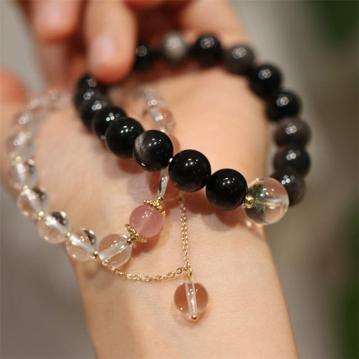 Bracelet de couple en obsidienne argentée naturelle avec cristal rose et cristal blanc, protection couleur Yin Yang - image 0