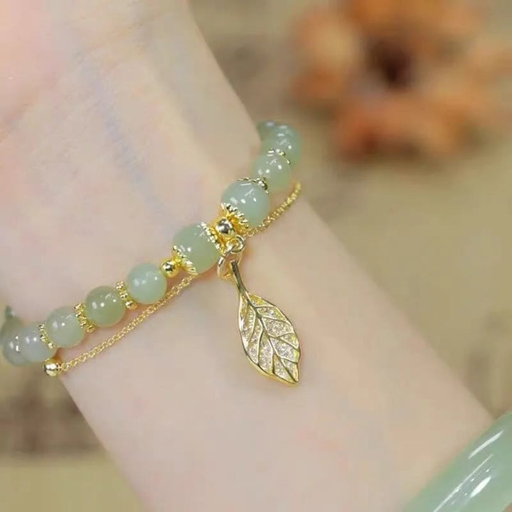 Bracelet de perles porte-bonheur en Buddha Stones, feuille de jade, ginkgo, tulipe, arachide, personnage Fu